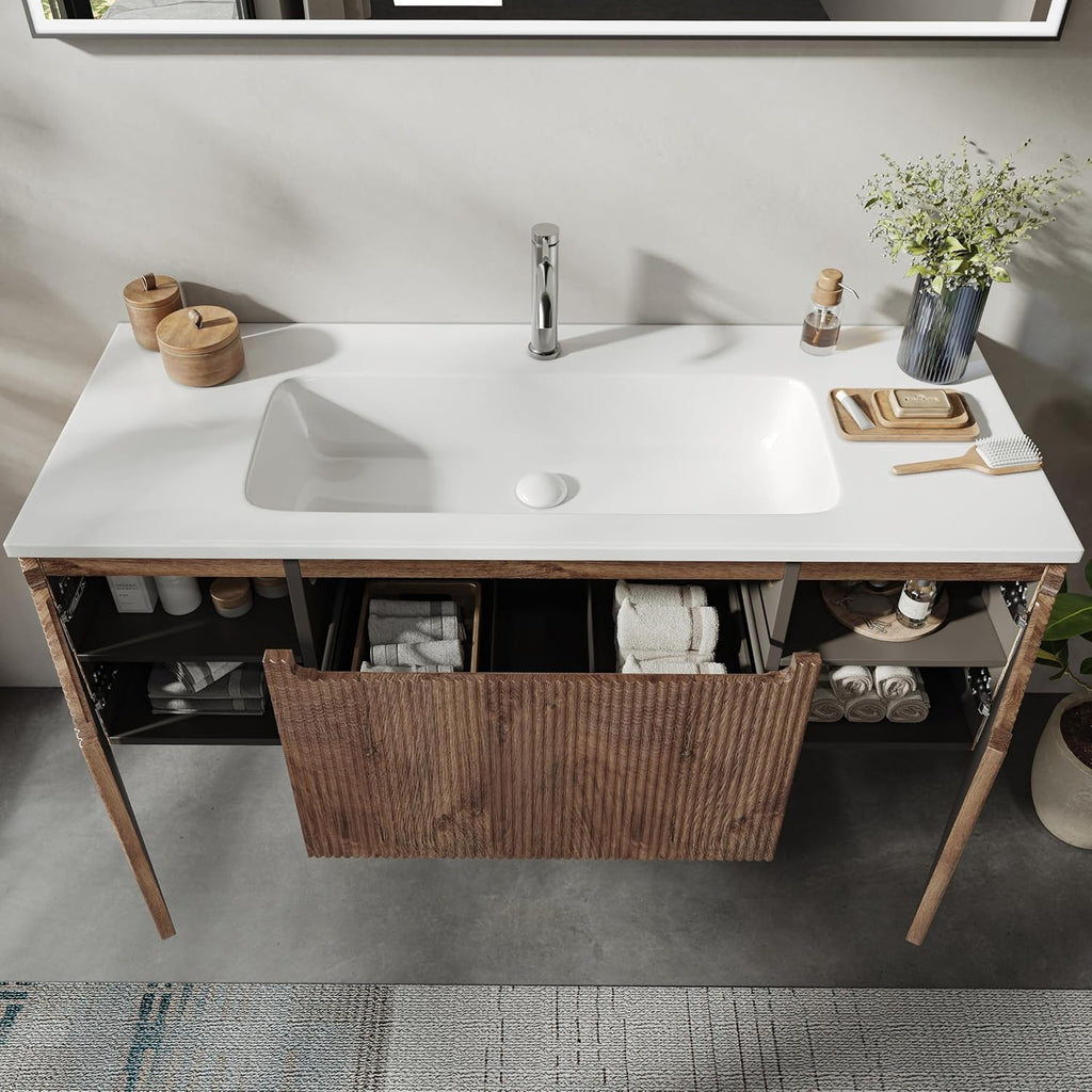 BRIDGE BENO Meuble-Lavabo Mural De 120 cm avec Lavabo en Résine Minérale, Tiroir Et Porte, Ultra-Mince, Fermeture en Douceur, Accent Nervuré, Adapté Aux Grandes Salles De Bains, Forest Walnut