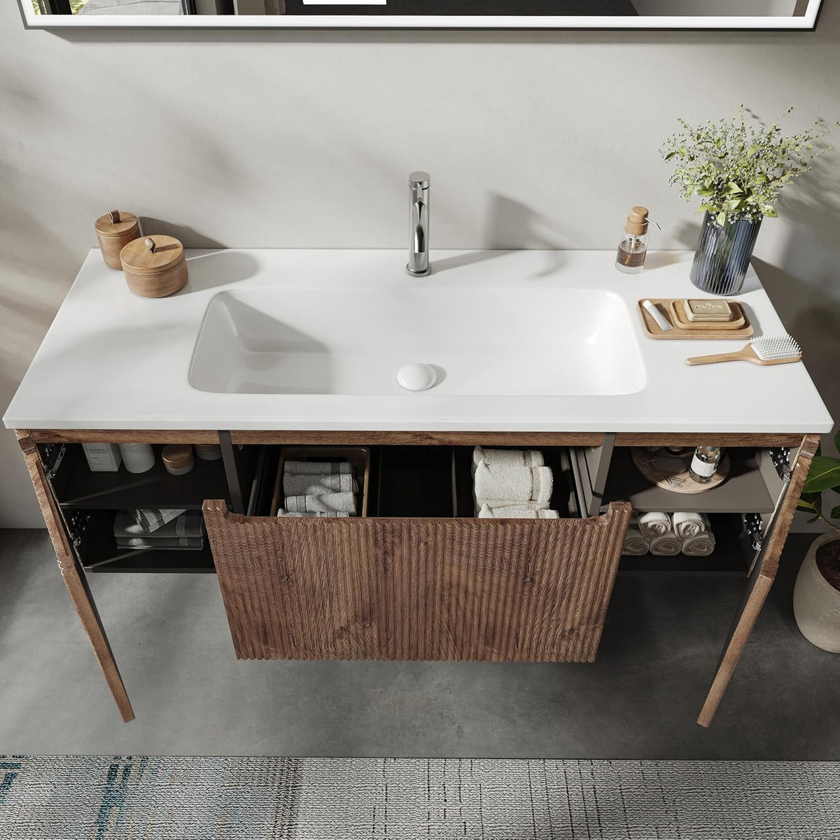 BRIDGE BENO Meuble-Lavabo Mural De 120 cm avec Lavabo en Résine Minérale, Tiroir Et Porte, Ultra-Mince, Fermeture en Douceur, Accent Nervuré, Adapté Aux Grandes Salles De Bains, Forest Walnut