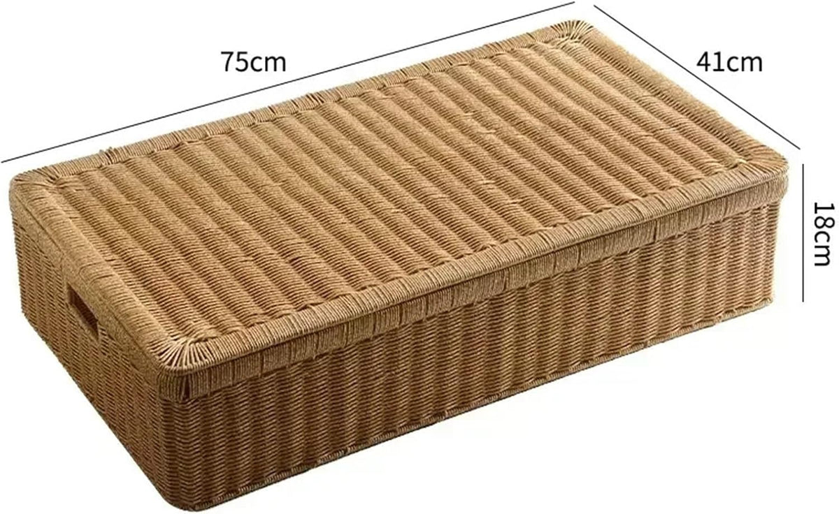 Panier Rangement avec Couvercles Boîtes de rangement en rotin imitation tricoté, organiseur vêtements et couettes avec couvercle, panier plat for le sous lit(75cm)