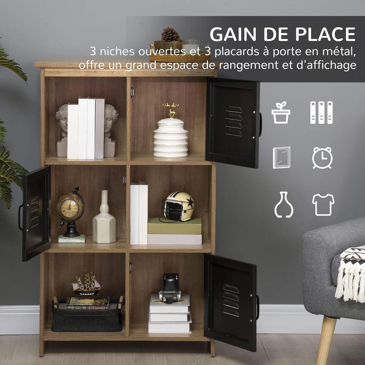 HOMCOM Ensemble Buffet Bibliothèque et Meuble TV Design Industriel 2 Passe-Fils Multi-Rangement Aspect Bois veinage Portes métal Noir