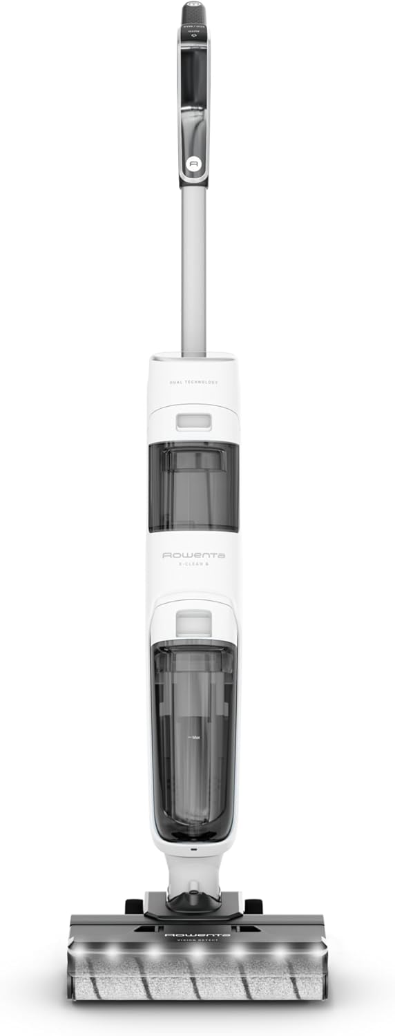 Rowenta X-Clean5, Aspirateur Laveur sans Fil, Nettoyage 2-en-1, Mode de détection Auto, Éclairage LED, Auto-Nettoyage, Séchage air Chaud, GZ5557EE, Blanc/Noir