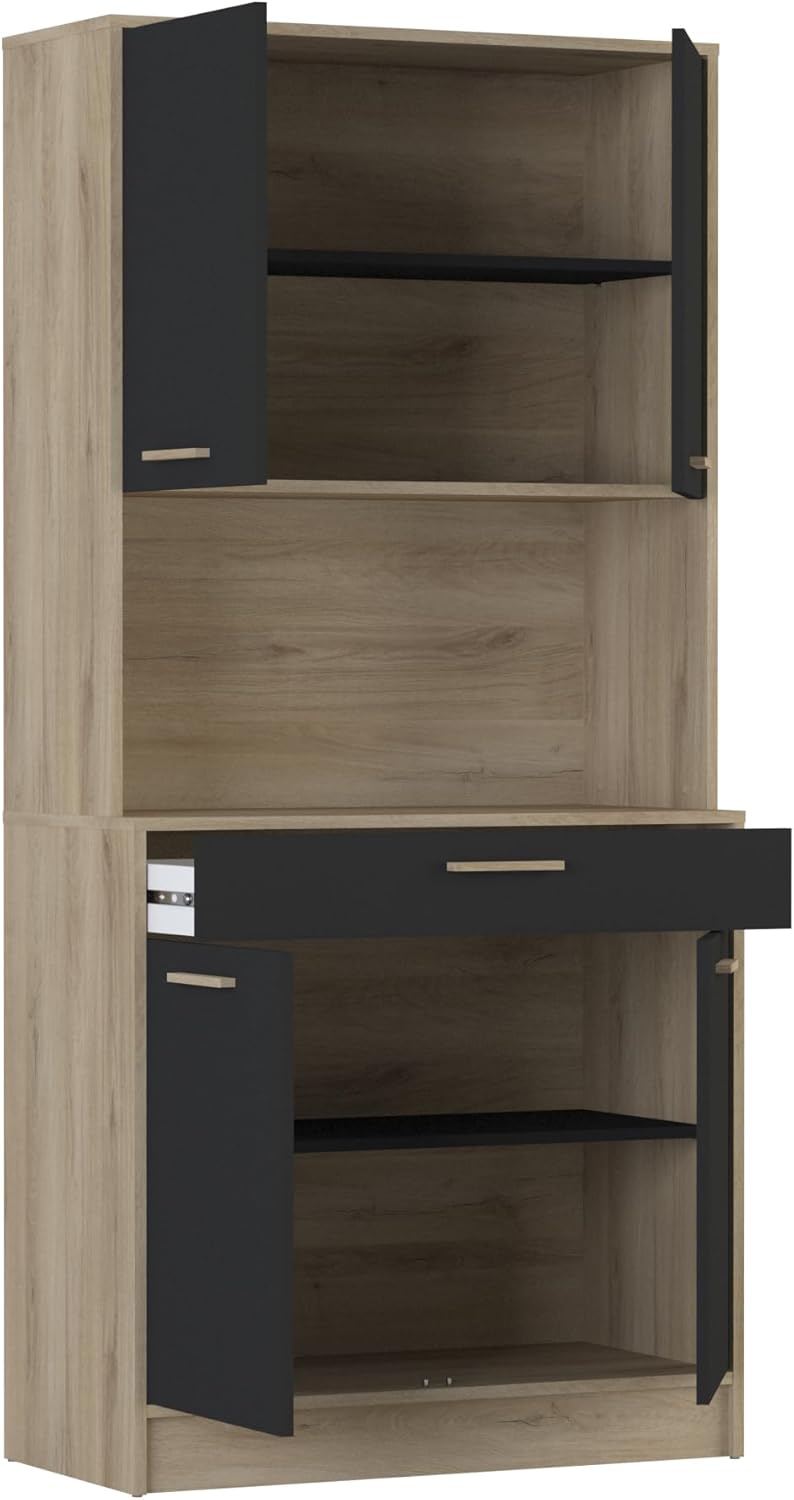 Buffet Industriel 4 Portes 1 Tiroir 1 Grande Niche Résistant à l'eau et Idéal Micro-Onde - Coloris Bois Clair et Noir - 83,3x40x176,1 cm