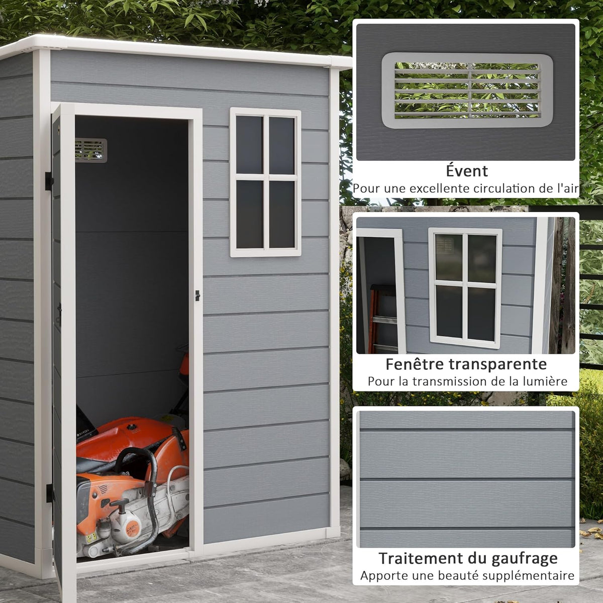 Outsunny Abri de Jardin 1,14 m² cabane de Jardin pour Outils - Porte verrouillable, aération et fenêtre - dim. 151L x 92l x 193H cm - Plastique, Gris