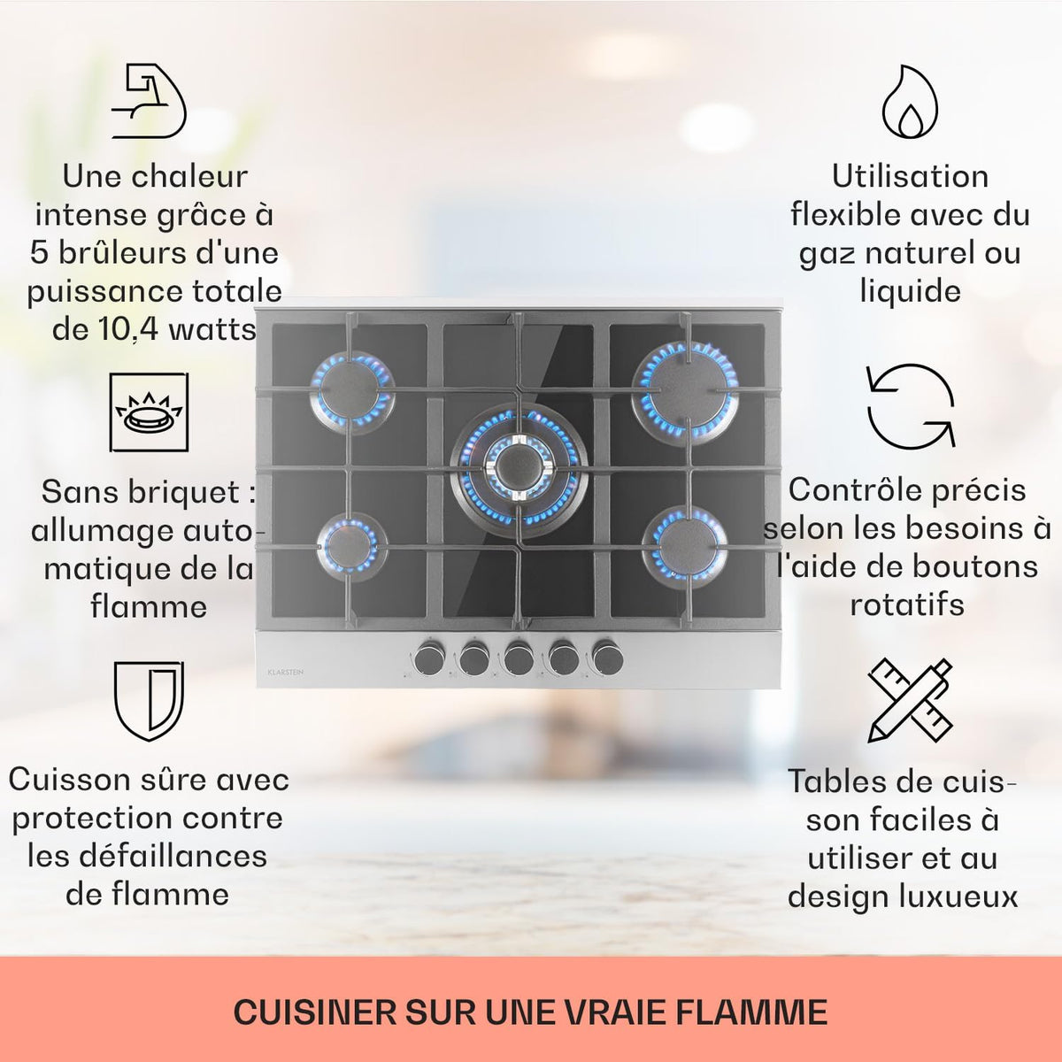 Klarstein 10.4 kW Inox Plaque de Cuisine Gaz Encastrable 5 Feux, Table de Cuisson à Gaz 5 Brûleurs, Piano Gaz en Acier Inoxydable