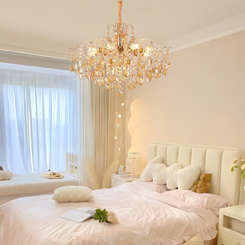 DOCJX Lustre Salon Moderne - Cristal Dimmable E14 Lampe Suspendue En Cristal K9 Avec Finition Dorée, Luminaire D'Intérieur Réglable Adapté Pour Lustre De Salle À Manger Et Chambre, Salon 60CM