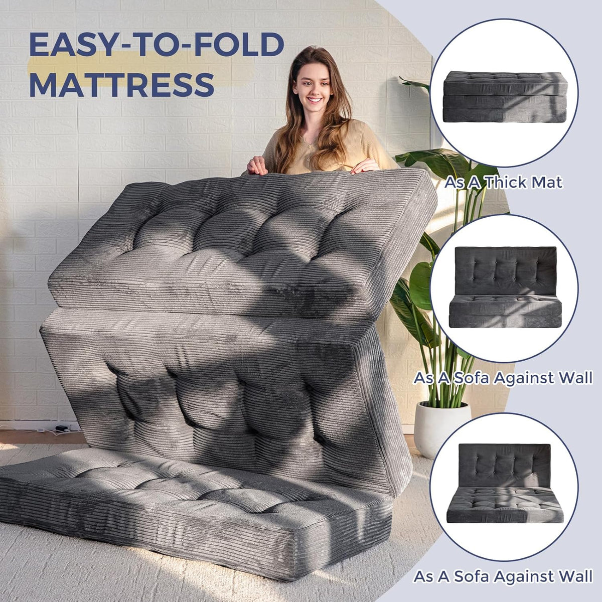 MAXYOYO Matelas Pliable 2 Places, Épaisseur 15cm Matelas Pliant pour Futon Convertible Canapé-lit Portable, Invités Lit d'Appoint, 135x190