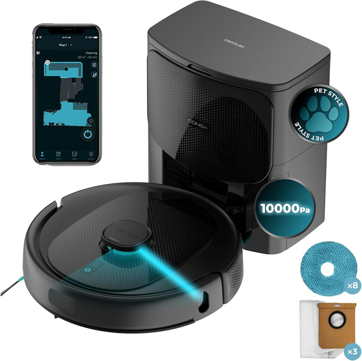 Cecotec Robot Aspirateur et Laveur de Sols avec Base AutoVidange Conga 9590 Spin Revolution Ultra Power Home. Navigation Laser, 10000Pa, App, Autonomie 240min, Brosse Spéciale Animaux, Mopas Rotatives