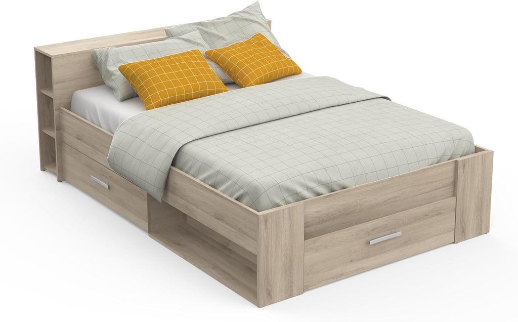 Lit avec Rangement 140x190 Style Contemporain 3 Tiroirs - Coloris Chêne - 150,1 x 217,1 x 74,3 cm