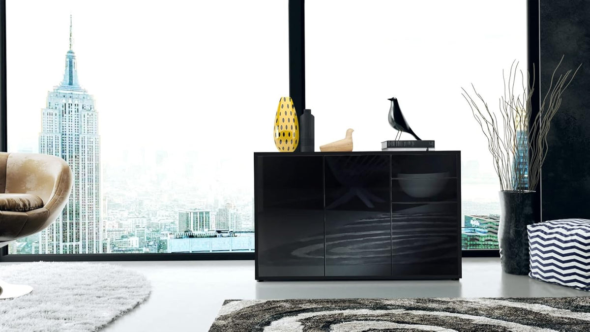 Vladon Buffet Ben V3, Commode avec 3 Portes et 2 tiroirs, Noir Mat/Noir Mat (117 x 74 x 36 cm)