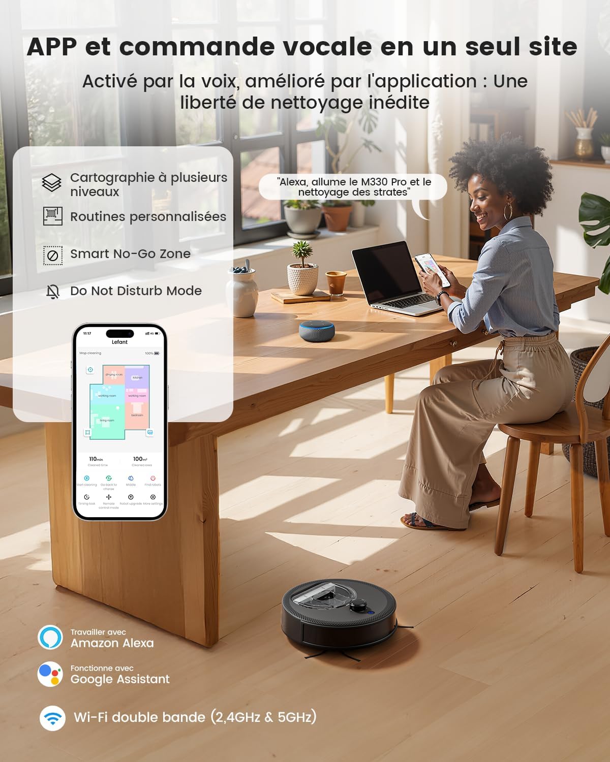 Lefant M330 Pro Robot Aspirateur Laveur 3 en 1, Aspirateur Robot 5000Pa d'Aspiration, Navigation dToF, Cartographie, Zones Virtuelles, Évitement d'obstacles PSD, 150min, Connecté par Alexa/APP/WiFi