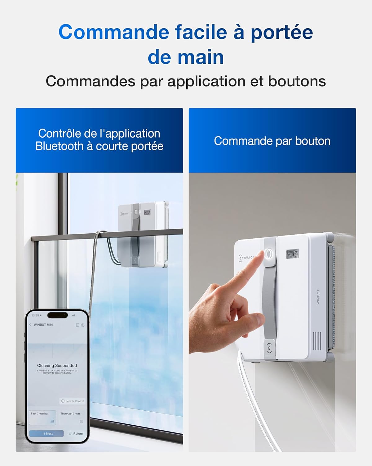 ECOVACS WINBOT Mini Robot de Nettoyage de vitres, Design Compact, Double Buses avec pulvérisation ultrasonique, système de Protection à 9 étapes, Planification Intelligente du Trajet, Blanc