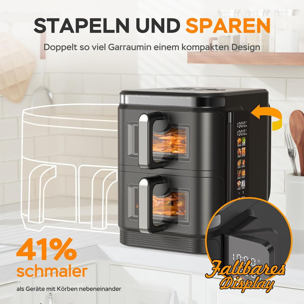 COBNN Friteuse à air verticale double compartiment, 11L Dual Zone Airfryer avec écran couleur pliable, 10 programmes, fenêtre de visualisation, matériau ignifuge V0, 2800W