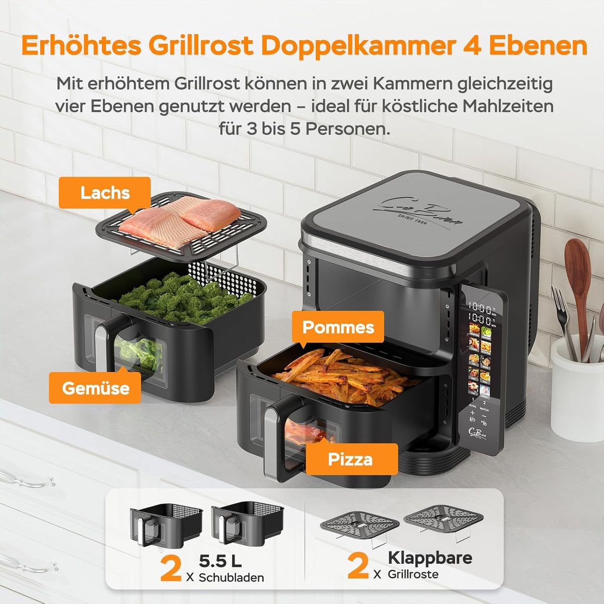 COBNN Friteuse à air verticale double compartiment, 11L Dual Zone Airfryer avec écran couleur pliable, 10 programmes, fenêtre de visualisation, matériau ignifuge V0, 2800W