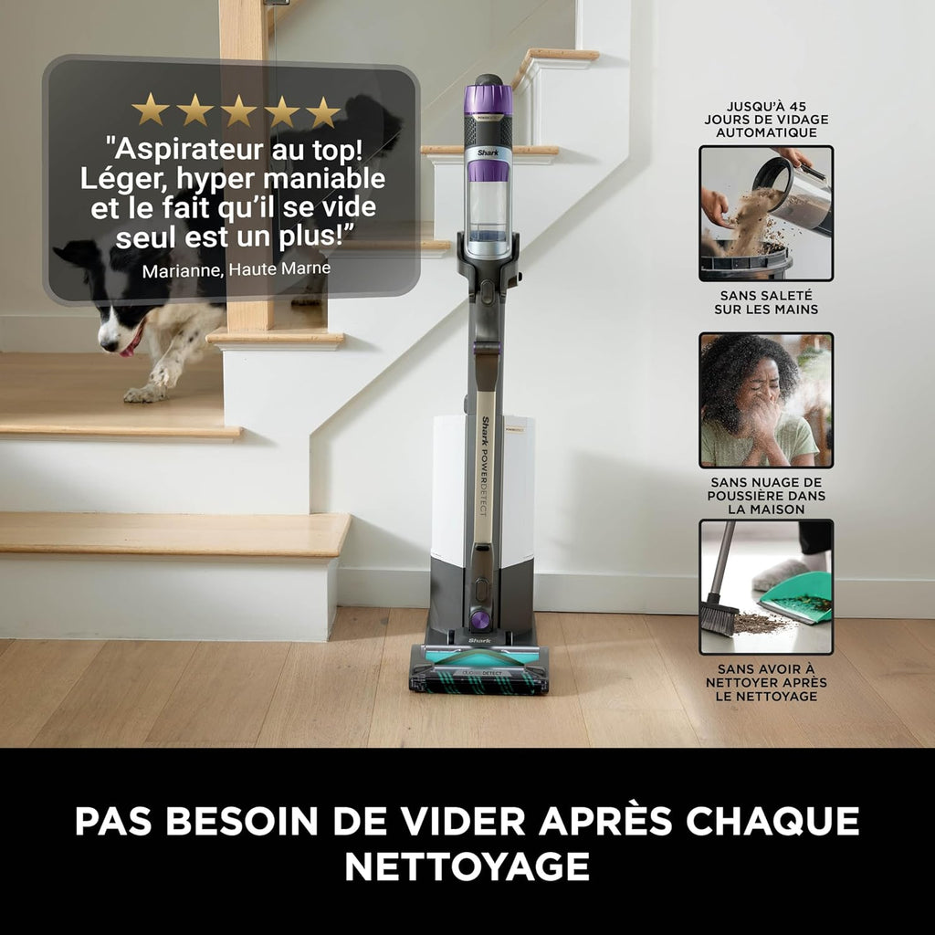Shark aspirateur sans Fil PowerDetect Clean & Empty, DuoClean Detect, Reverse Clean, Base Auto-vidante 2 l, Anti-Hair Wrap Plus, autonomie 70 Min, léger, Access. Animaux/multisurface, Gris IP3251EUT