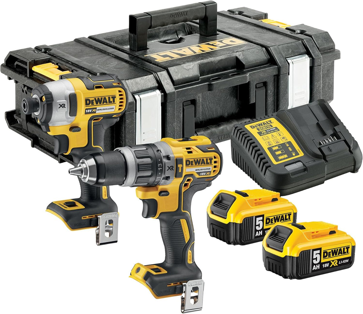 Kit Double18V XR Brushless – Comprend une Perceuse à Percussion Brushless, une Visseuse à Chocs, une Boîte de Rangement, un Chargeur Multivoltage et Deux Batteries XR 5Ah, DCK266P2-QW