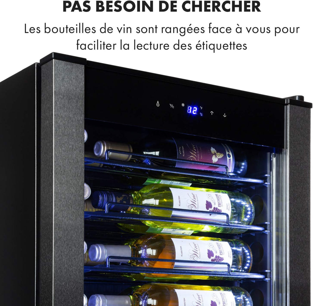 Klarstein Vinomatica - Cave à vin, Compacte, Capacité de 95L, 36 bouteilles, Porte panoramique, Cadre en acier inoxydable noir, Eclairage intérieur, 6 tablettes amovibles, Réglable de 4 à 18°C, Noir
