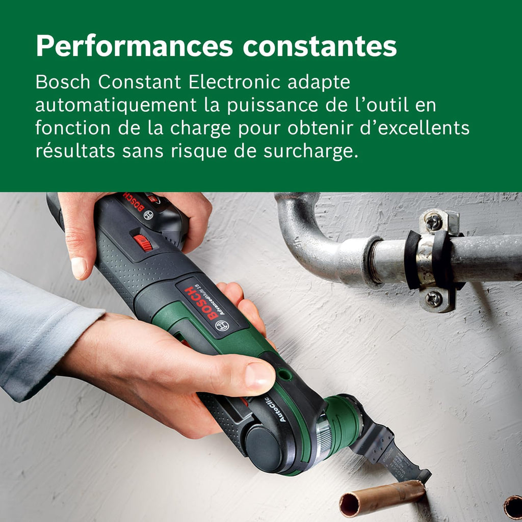 Bosch outil multifonctions sans fil AdvancedMulti 18 (Batterie, chargeur, plateau de ponçage triangulaire, feuilles abrasives, 2 lames de scie, poignée supplémentaire, coffret, système 18V, 2,5 Ah)