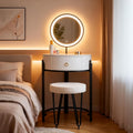 Coiffeuse avec Miroir LED, Pierre Sinterisée et Simili Cuir, Coiffeuse avec Tiroirs et Tabouret, pour Chambre, Design Moderne, Blanc