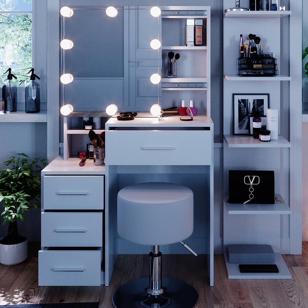Vicco Coiffeuse Conrada, Blanc, 80cm avec éclairage LED et Tabouret