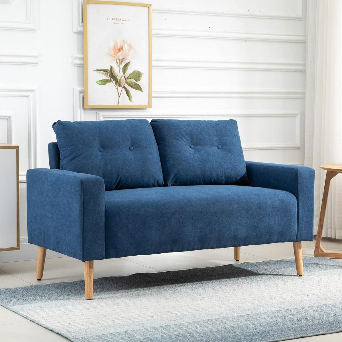 HOMCOM Canapé 2 Places Design scandinave dim. 145L x 76l x 88H cm Pieds Bois Massif Tissu Bleu