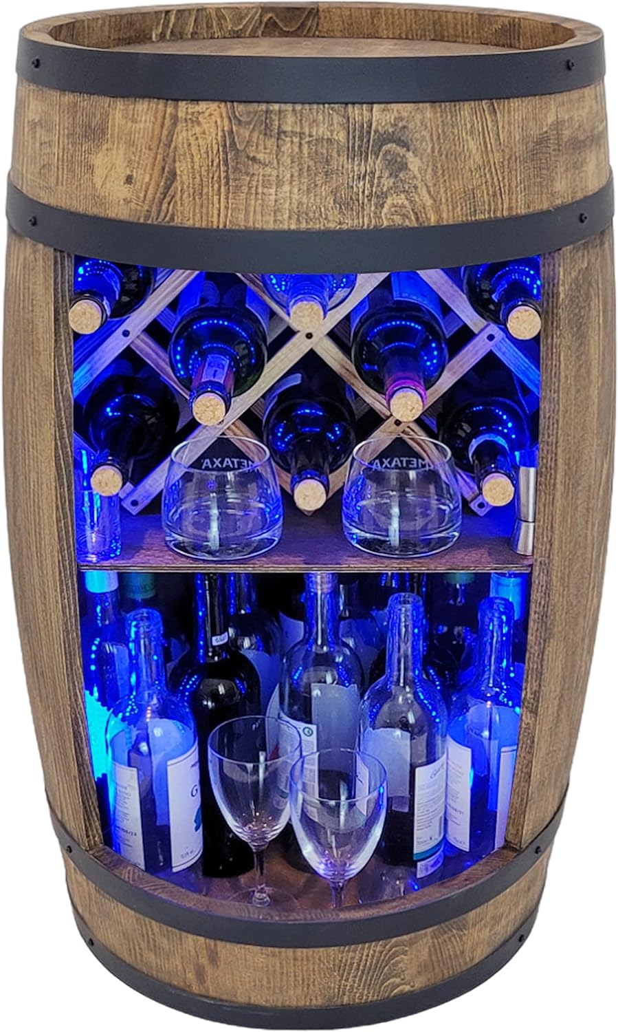 weeco Tonneau Bar en Bois avec Éclairage LED RGB – Casier à Vin avec 2 Étagères et Porte-Bouteilles – Bar Meuble Rustique – 80x50cm – Marron Foncé