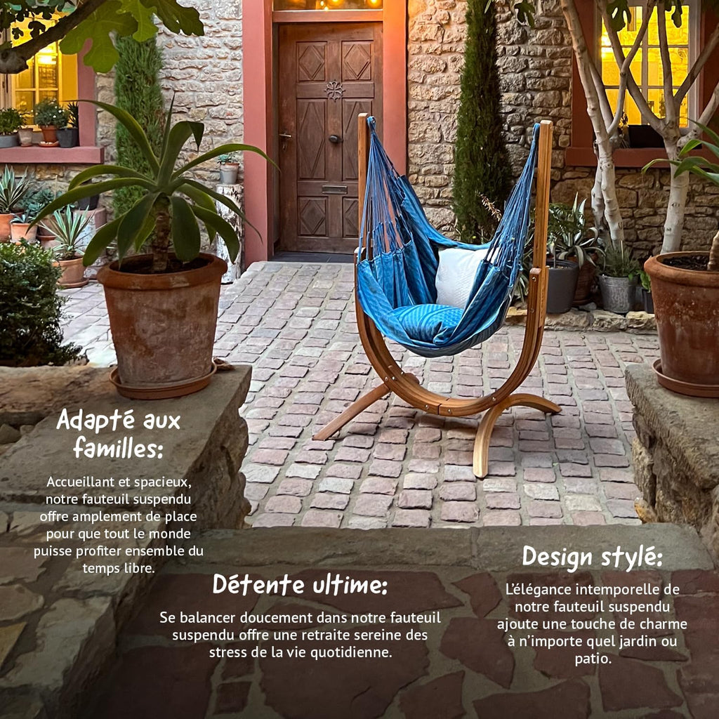LA SIESTA - Chaise Suspendue Udine en Coton Biologique avec Support en Bois - Fait Main, indéchirable - Fauteuil Suspendu Interieur avec Support en Eucalyptus certifié FSC - Blue Zebra