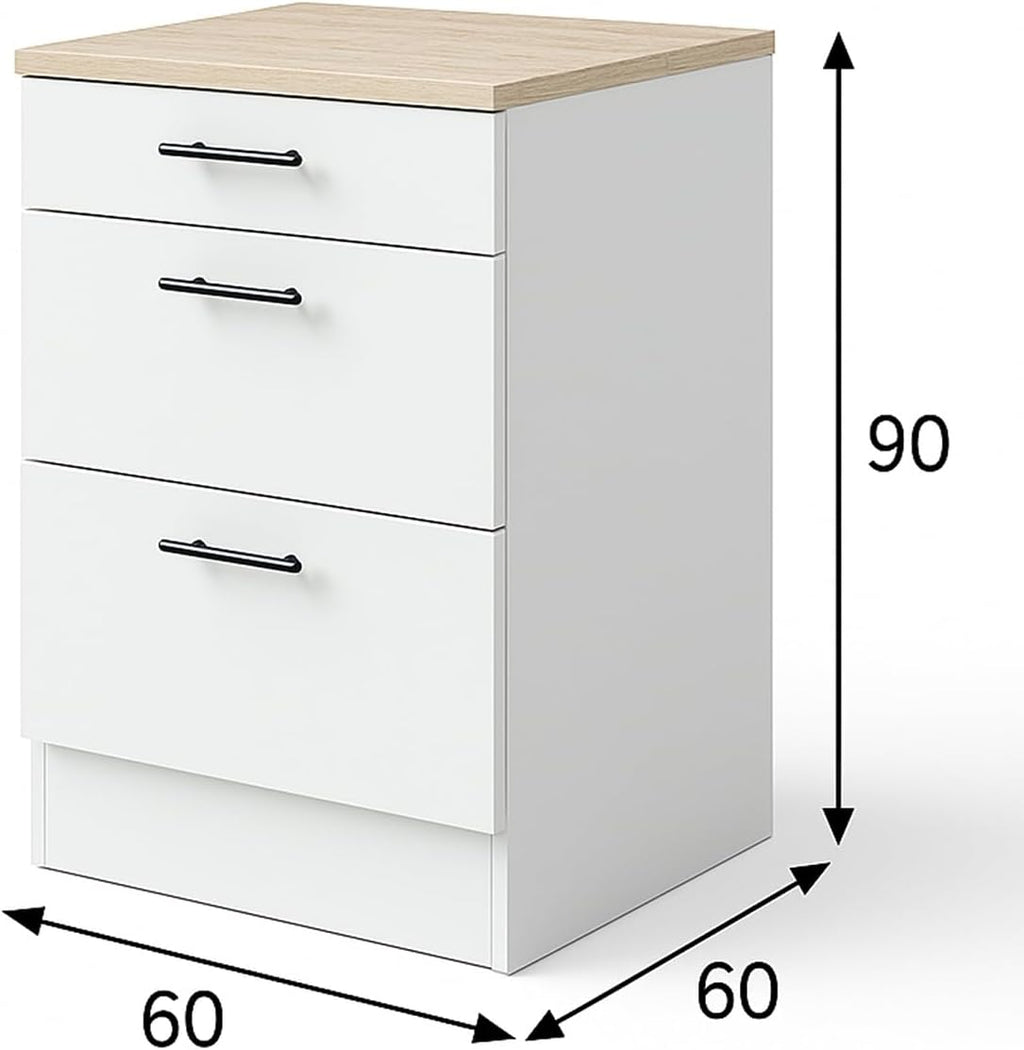 PEGANE Meuble Bas de Cuisine de 3 tiroirs avec Plan de Travail Coloris Blanc Brillant/chêne Canadien - Hauteur 90 x Longueur 60 x Profondeur 60 cm
