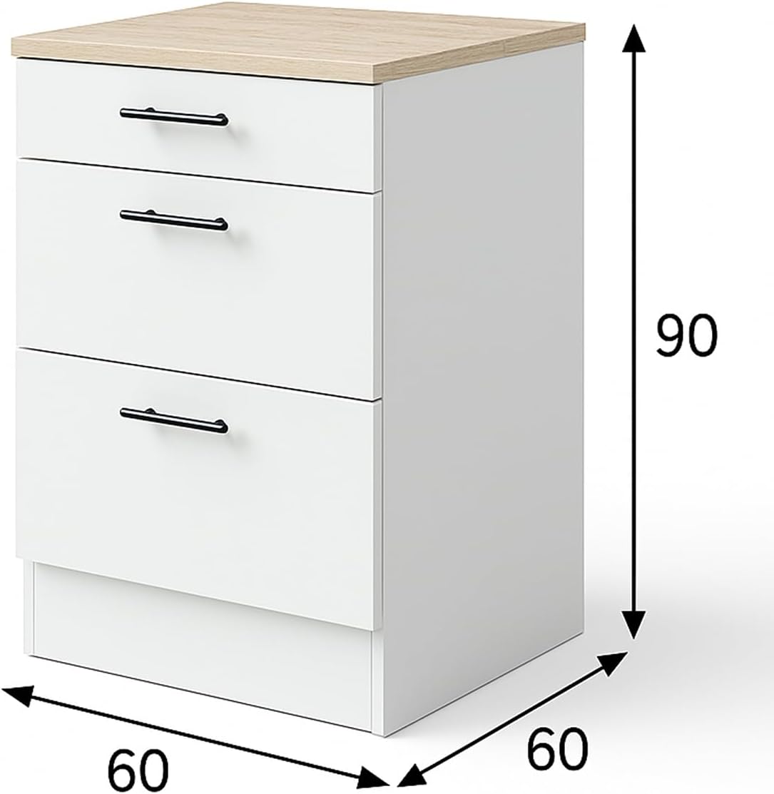 PEGANE Meuble Bas de Cuisine de 3 tiroirs avec Plan de Travail Coloris Blanc Brillant/chêne Canadien - Hauteur 90 x Longueur 60 x Profondeur 60 cm