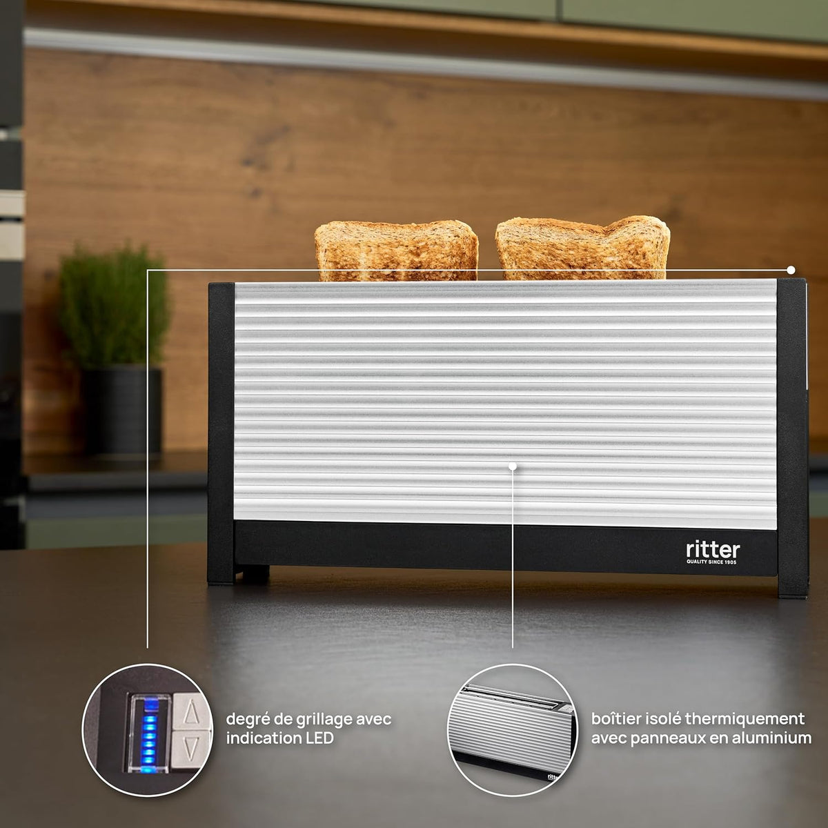 ritter volcano 3, grille-pain compact à 2 fentes longues avec réchauffe-pain, fabriqué en Allemagne