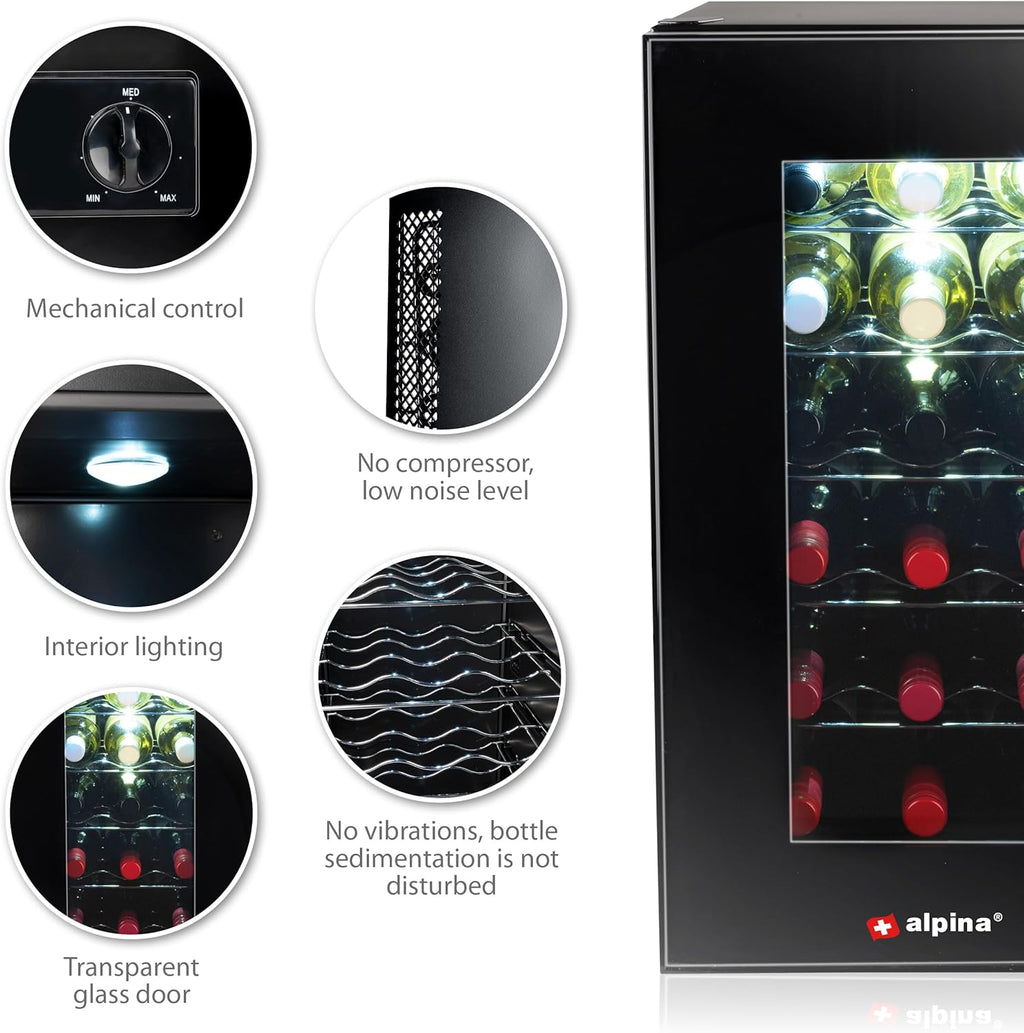 alpina Cave à Vin - 230V - 18 Bouteilles/50L - Température Réglable de 11°C à 22°C - Porte Vitrée et Éclairage Intérieur - Peu ou pas de Bruit - Noir