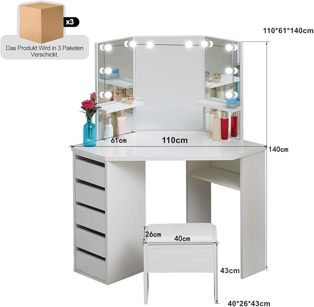 CLIPOP Coiffeuse avec Miroir LED à Luminosité Réglable et 5 Tiroirs Rangement Table de Maquillage Blanche Coiffeuse d'angle avec Tabouret Couffeuse en Bois 114 x 61 x 140 cm