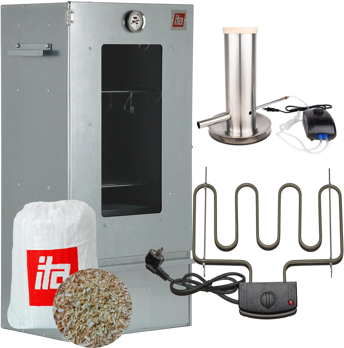 ITA Fumoir Électrique 7002 - Set Smoker avec chauffage, générateur de fumée - Armoire à fumage avec fenêtre & thermomètre - Acier inoxydable - Qualité UE, Direct fabricant - 81 cm avec 3 niveaux