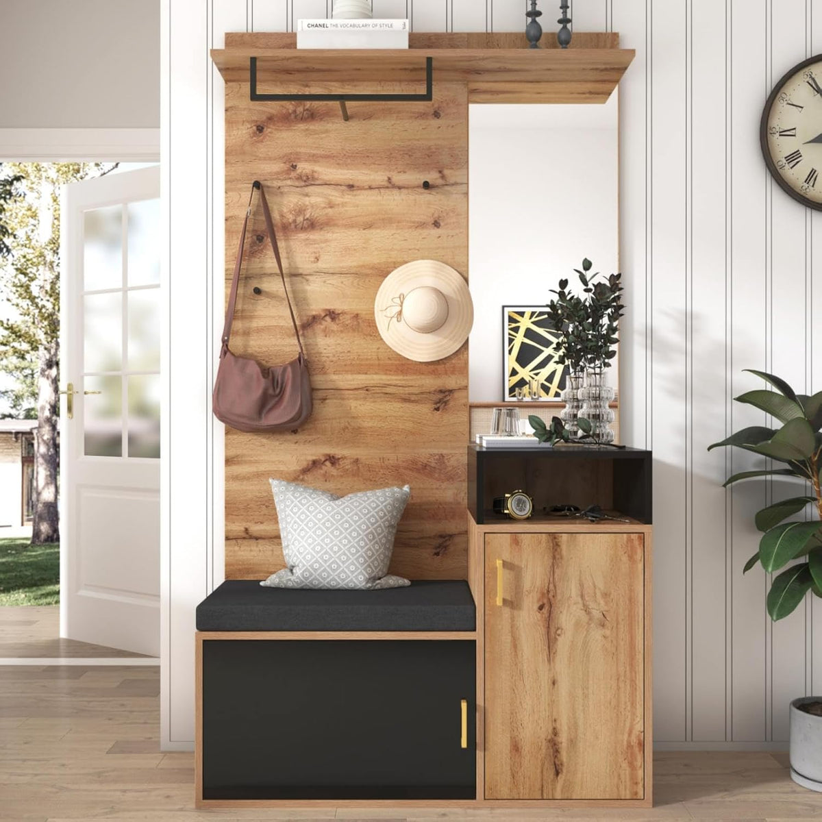 KOMHTOM Buffet à chaussures en grain de bois, armoire de rangement avec crochets, miroir et deux portes, armoire polyvalente pour entrée, couloir, chambre à coucher (C)