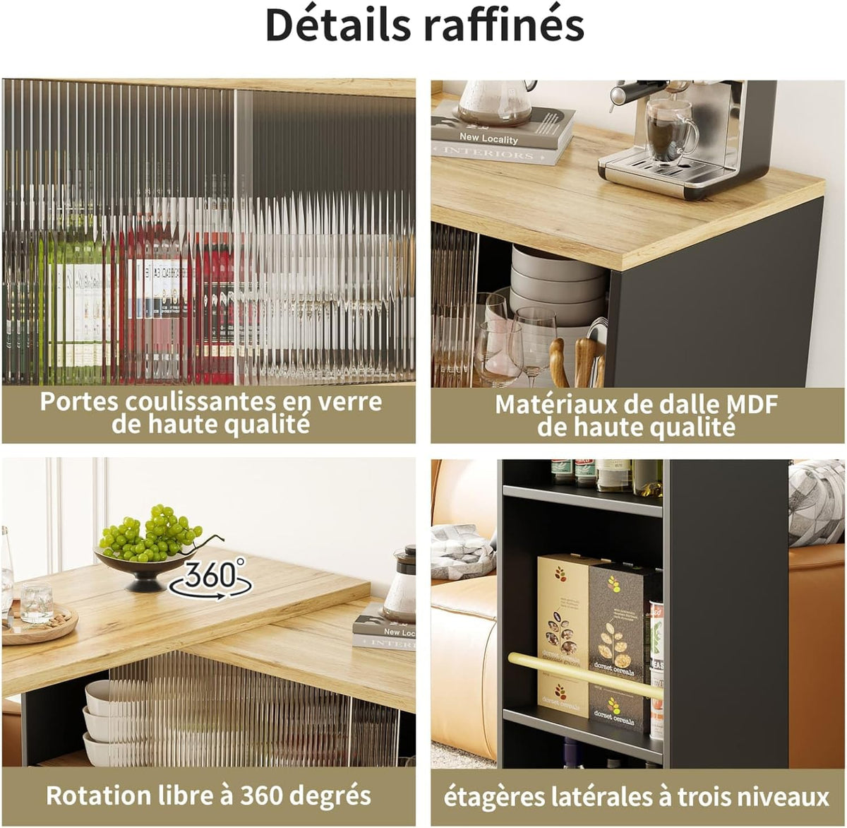 KOMHTOM Table de Bar Extensible avec Espace de Rangement, Meuble Bar avec 2 Portes en Verre, Rotation Libre à 360 °, étagères latérales (Noir)