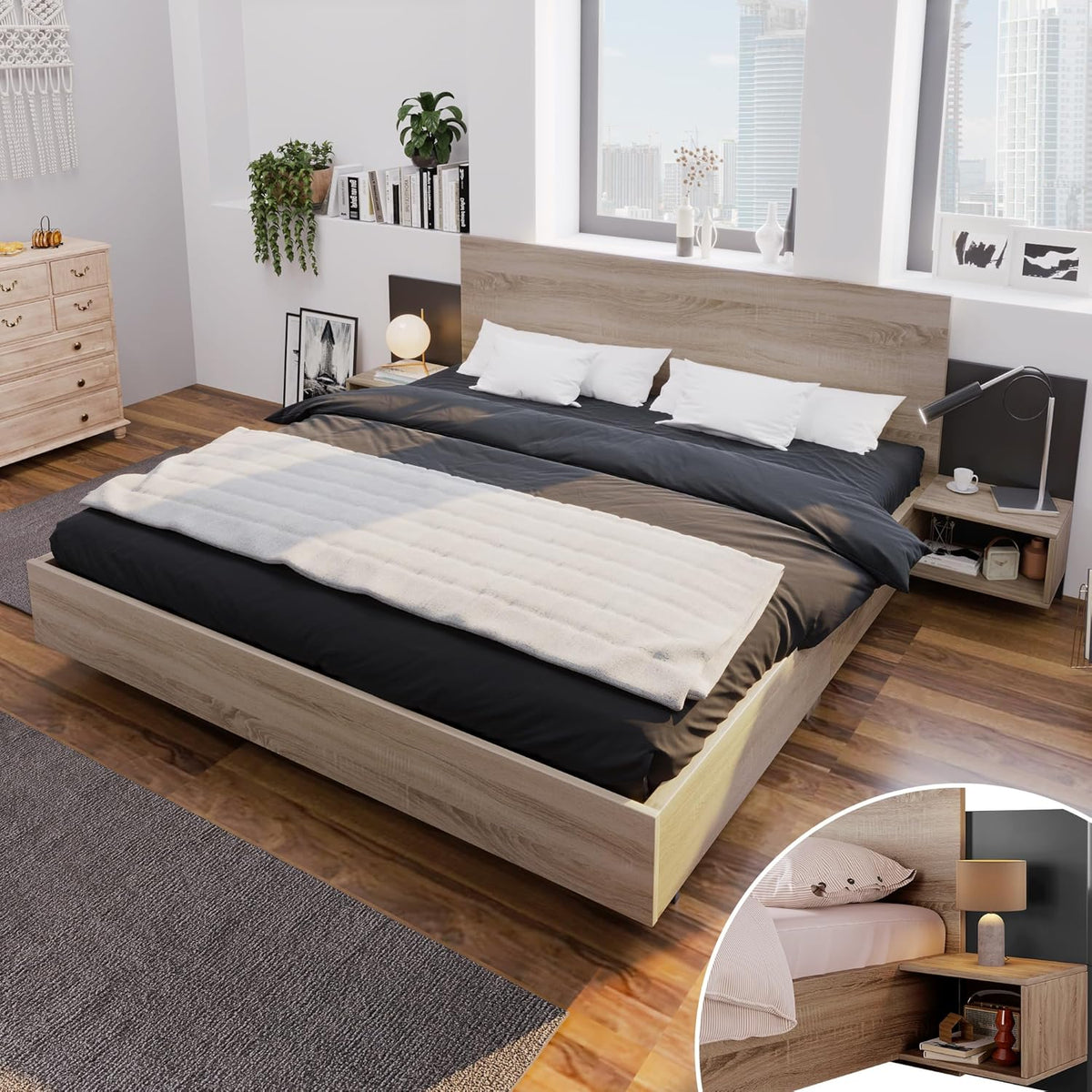Lit moderne en bois 160 x 200 cm – Avec 2 tables de chevet et design en bois naturel – Ensemble de chambre à coucher en chêne Sonoma (gris foncé)