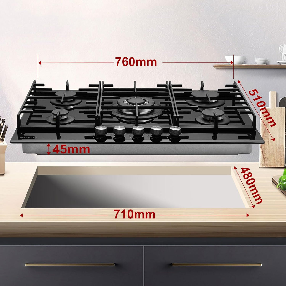 GASLAND GH2805BG1FC Table de cuisson à gaz 5 feux, avec brûleur wok, encastrable, 76cm noir, cuisinière à gaz en verre, 10.4KW, GPL/NG
