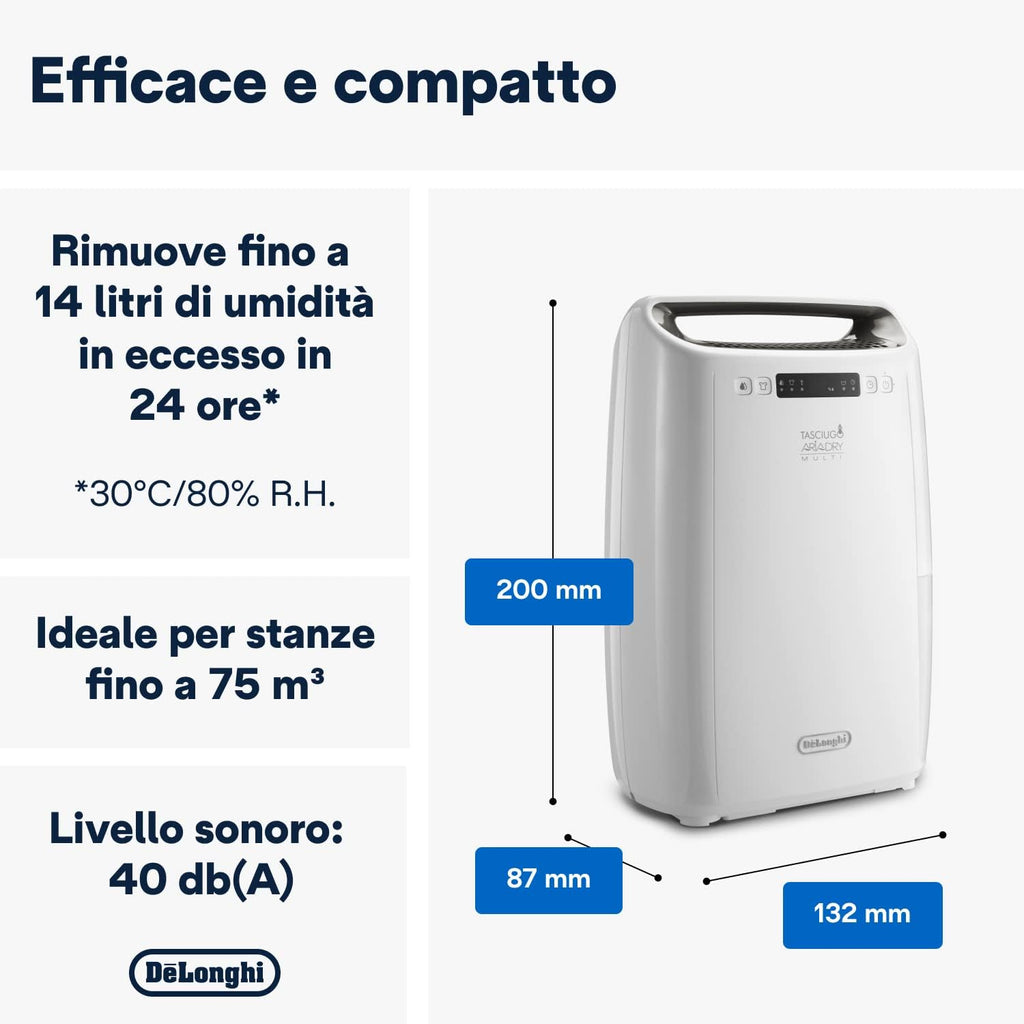 De'Longhi Tasciugo AriaDry Multi Déshumidificateur DEXD214RF, Déshumidificateur Portable avec Filtration à 3 Actions, Fonction Séchage, Déshumidification 14L/Jour, R290, Réservoir Amovible, Blanc