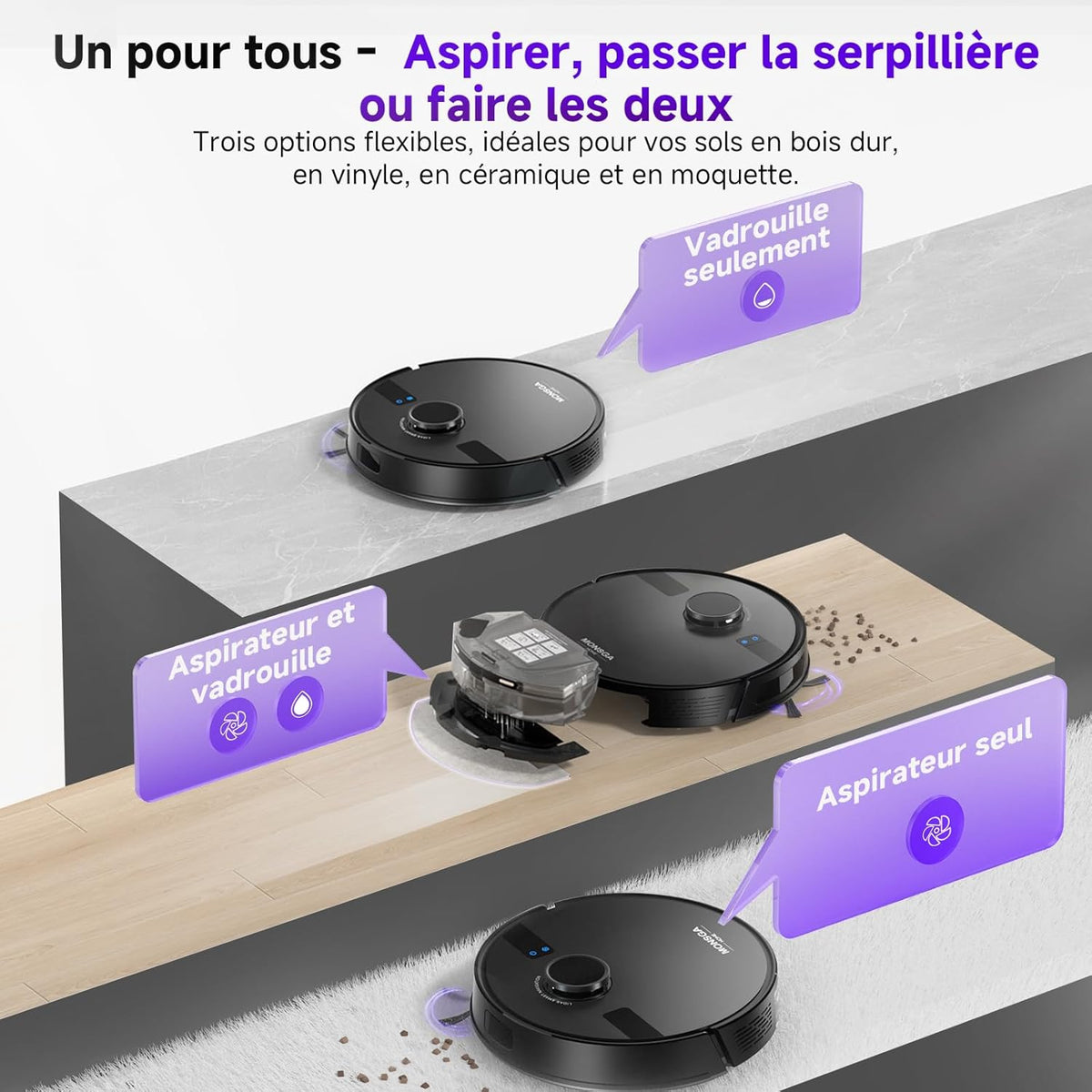 MONSGA Aspirateur Robot Laveur 5000Pa Aspiration avec Station & 3.5L Collecteur de Poussière, 180min, Navigation LiDAR & Cartographie, Idéal pour Tapis Poils d'animaux, App