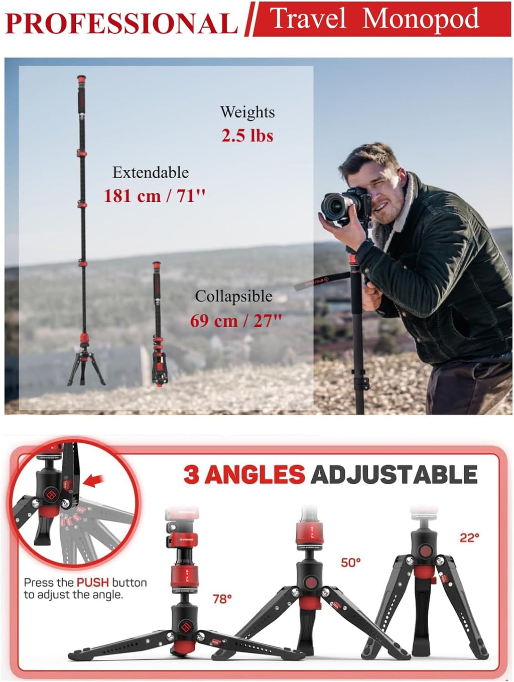 IFOOTAGE Monopode en fibre de carbone avec pieds trépied pour appareil photo et téléphone, charge maximale 10 kg, boucle de verrouillage rapide, hauteur 70,5180 cm, tube amovible, 4 sections, pour