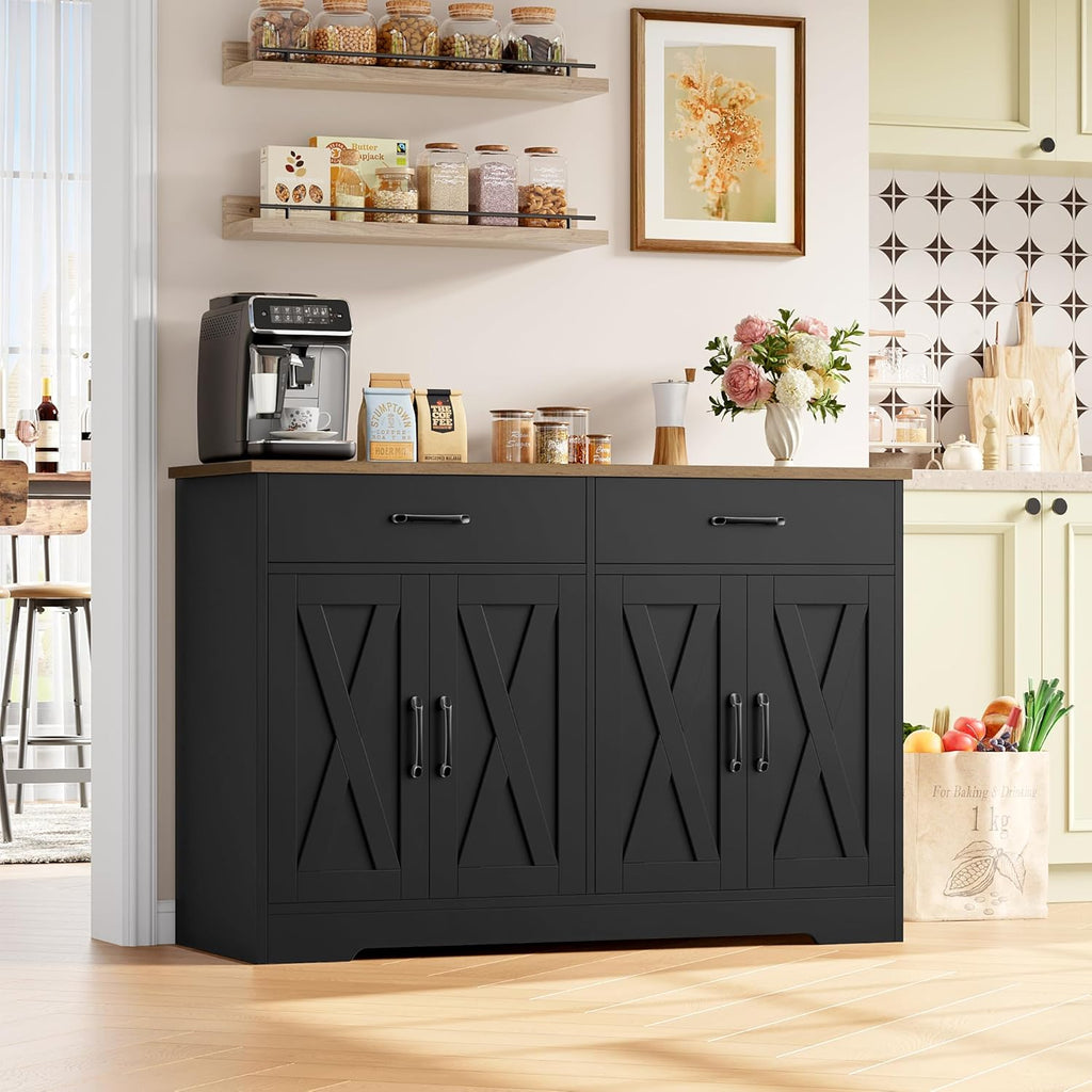 HOCSOK Buffet, 120 cm Meuble Cuisine, Buffet Salle a Manger avec 2 Tiroirs 4 Portes, Meuble de Rangement pour Salon, Cuisine, Couloir, Noir + Antique