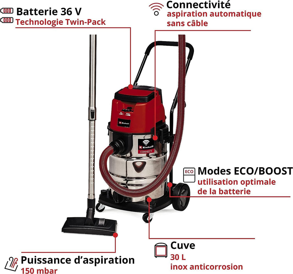 Einhell Professional Aspirateur eaux et poussières sans Fil TP-VC 36/30 S Auto-Solo Power X-Change (36 V, Modes ECO/Boost, Moteur sans Charbon) Livré sans Batterie ni Chargeur
