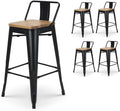 Kosmi Lot de 4 tabourets de Bar en métal Noir Mat Style Industriel avec Dossier et Assise en Bois Clair - Hauteur 66cm