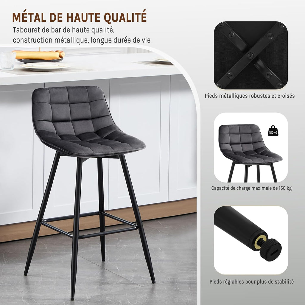 WOLTU 4 X Tabouret de Bar Bistro Chaise de Bar Assise rembourrée en Velours avec Pieds et Repose-Pieds en métal,Gris Foncé BH143dgr-4