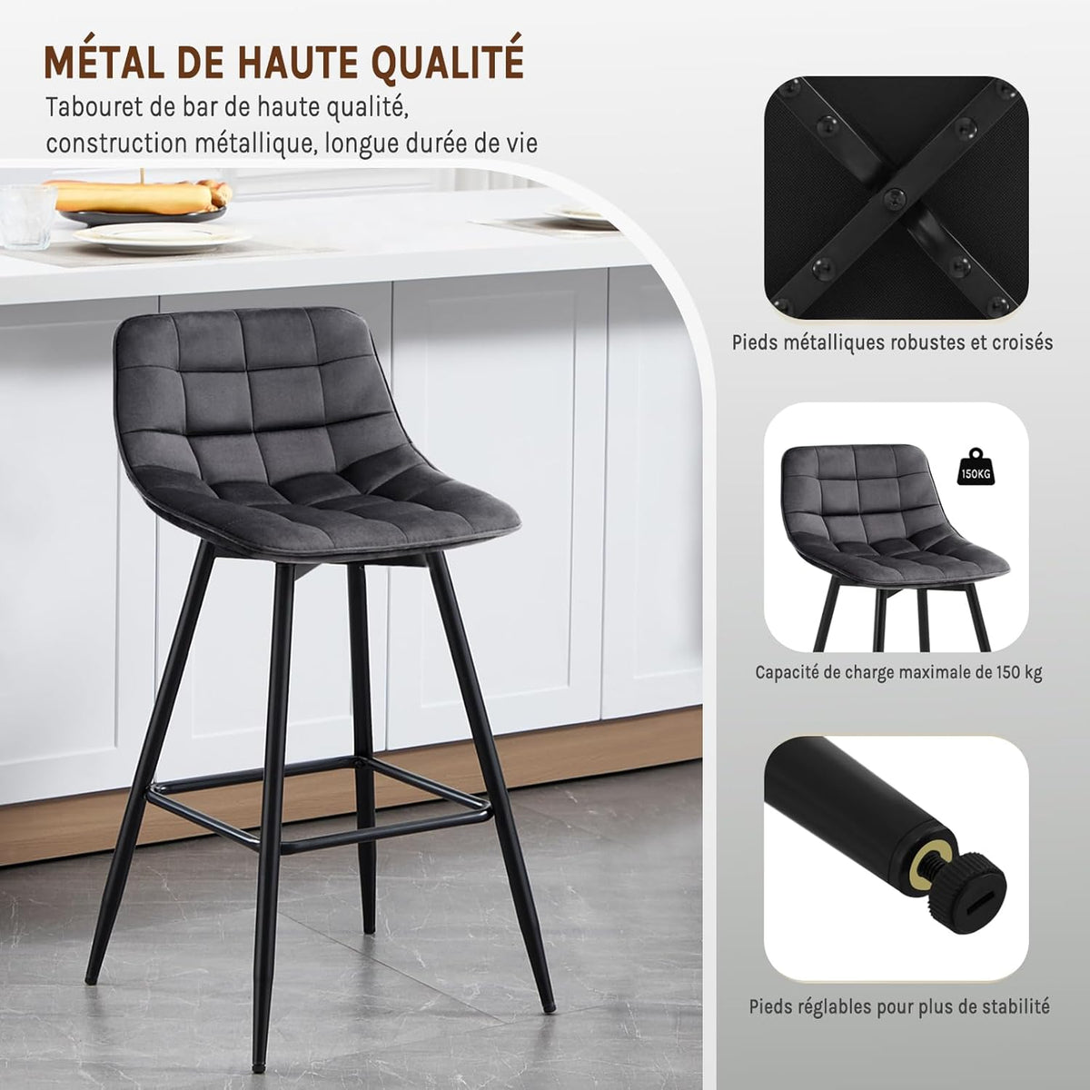 WOLTU 4 X Tabouret de Bar Bistro Chaise de Bar Assise rembourrée en Velours avec Pieds et Repose-Pieds en métal,Gris Foncé BH143dgr-4