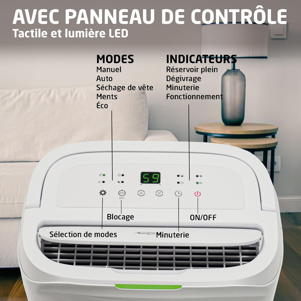 Amig - Déshumidificateur MIST | Capacité 20L/Jour | Régulation de l'humidité et minuterie | Réservoir d'eau amovible 6,5L | 36x28x56 cm | 260W | Couverture 165m³/h | Silencieux 45 dB | Séchage linge