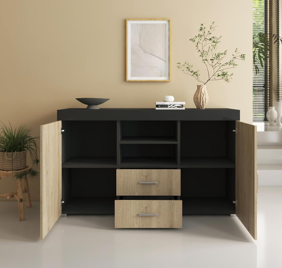 MB Muebles Bonitos, Buffet Roque pour Salon et Salle à Manger Moderne, Meuble TV en Mélamine, Couleur Noir Brillant et Sonoma Mat, 140x80x40 cm