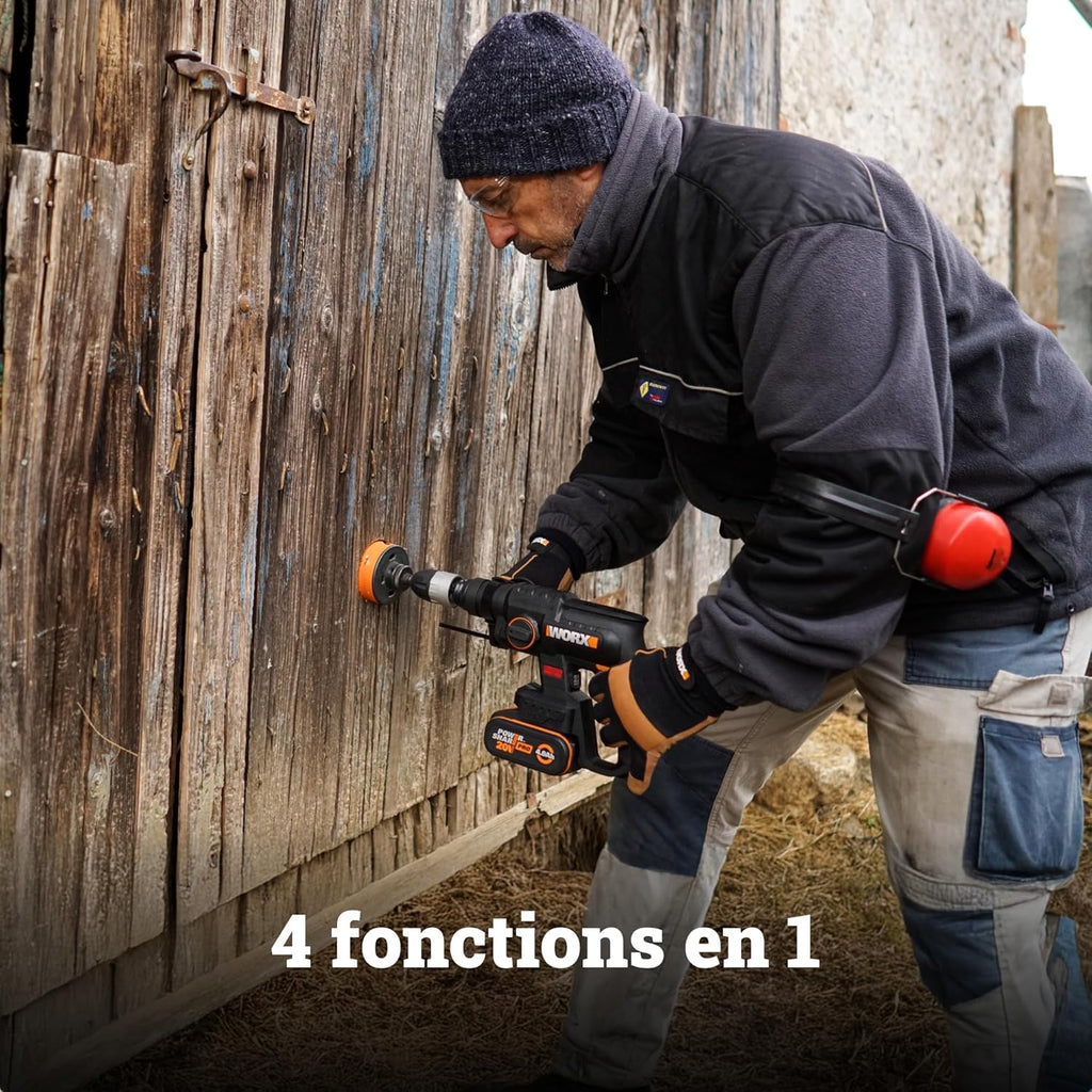WORX Perforateur sans fil Brushless 20V WX381, 2J, 3 en 1, Perçage, Percussion, Burinage dans tous les matériaux, antivibrations, livré avec 1 Batterie 4Ah, Chargeur et Accessoires