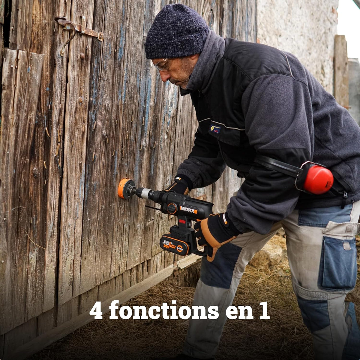 WORX Perforateur sans fil Brushless 20V WX381, 2J, 3 en 1, Perçage, Percussion, Burinage dans tous les matériaux, antivibrations, livré avec 1 Batterie 4Ah, Chargeur et Accessoires