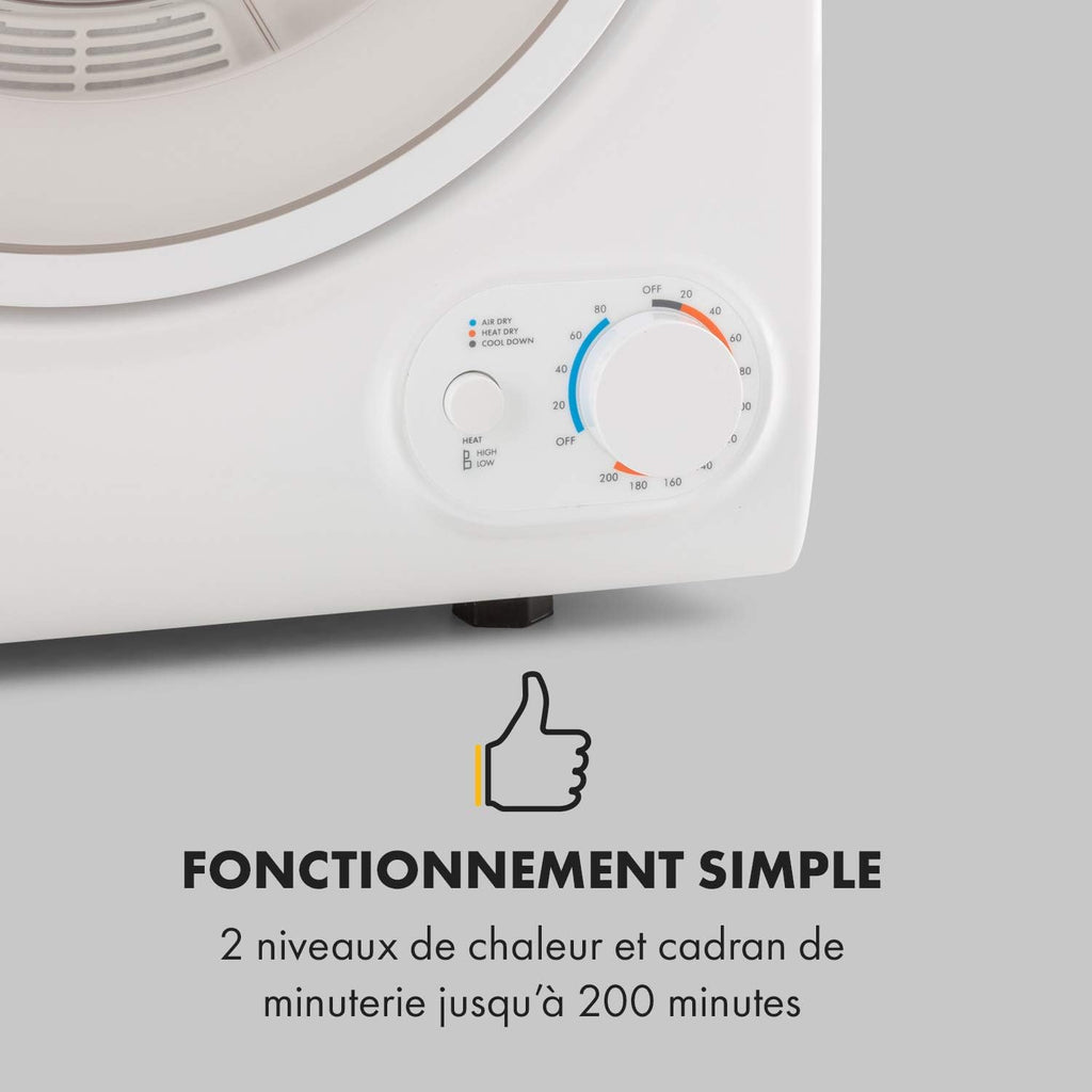 KLARSTEIN Jet Set 2500 - sèche-linge, par extraction, chargeur frontal, 850 W, pose libre/encastré, 2,5 kg, élément chauffant PTC, réglable jusqu'à 60 °C, minuterie 20 à 200 mn, compact, blanc