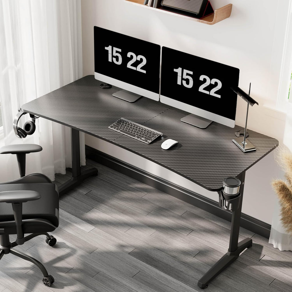 EUREKA ERGONOMIC Bureau Gaming 152x70cm Bureau Gamer Bureau Informatique PC Grand avec Tapis de Souris, Porte-gobelet,Crochet pour Casque et Support de Manette